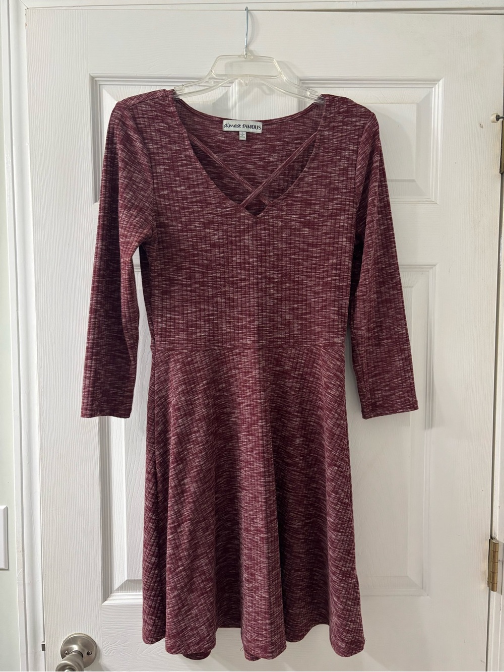 Almost Famous Maroon Heathered Long-Sleeve Fit & Flare Dress